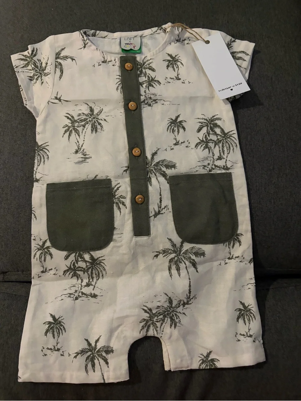 LOFT x Mon Coeur Cream and Olive Linen Palm-Print Baby Romper